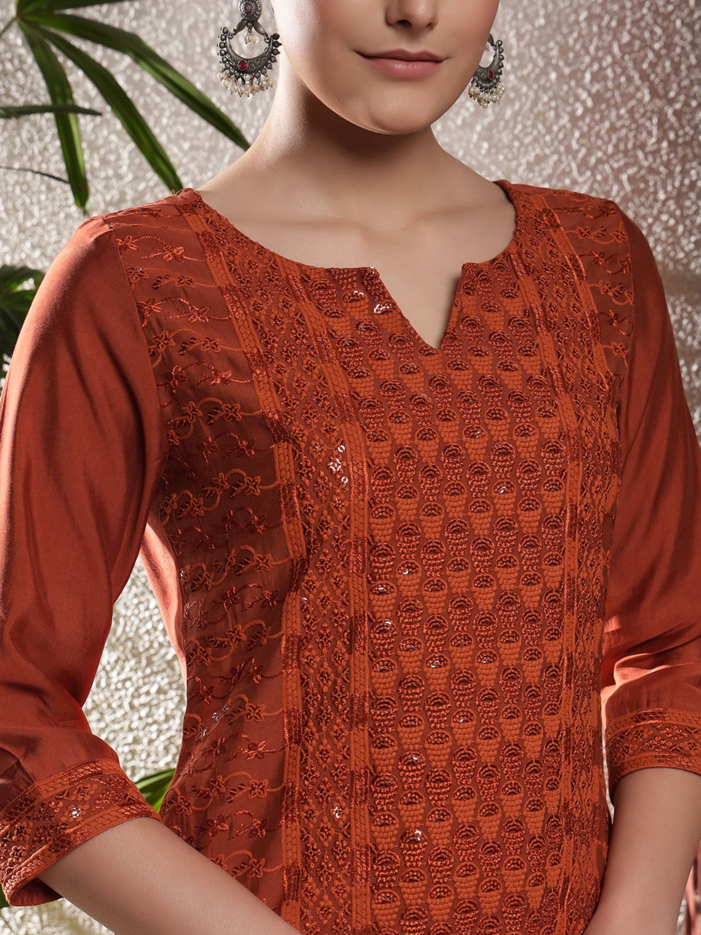 Rust Orange Embroidered Silk Women's Kurta, Pyjama & Dupatta Set