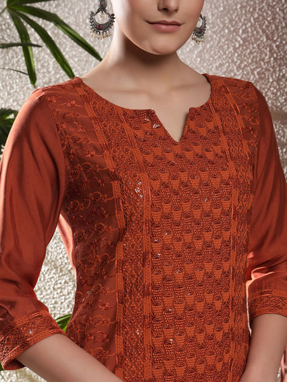Rust Orange Embroidered Silk Women's Kurta, Pyjama & Dupatta Set