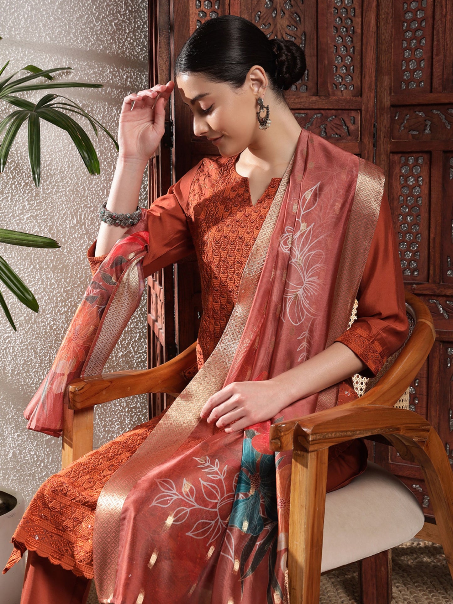 Rust Orange Embroidered Silk Women's Kurta, Pyjama & Dupatta Set