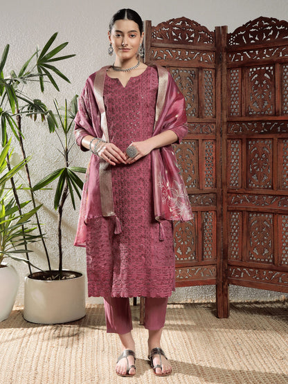 Rouge Pink Embroidered Silk Women's Kurta, Pyjama & Dupatta Set