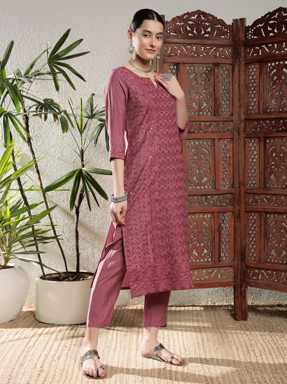 Rouge Pink Embroidered Silk Women's Kurta, Pyjama & Dupatta Set