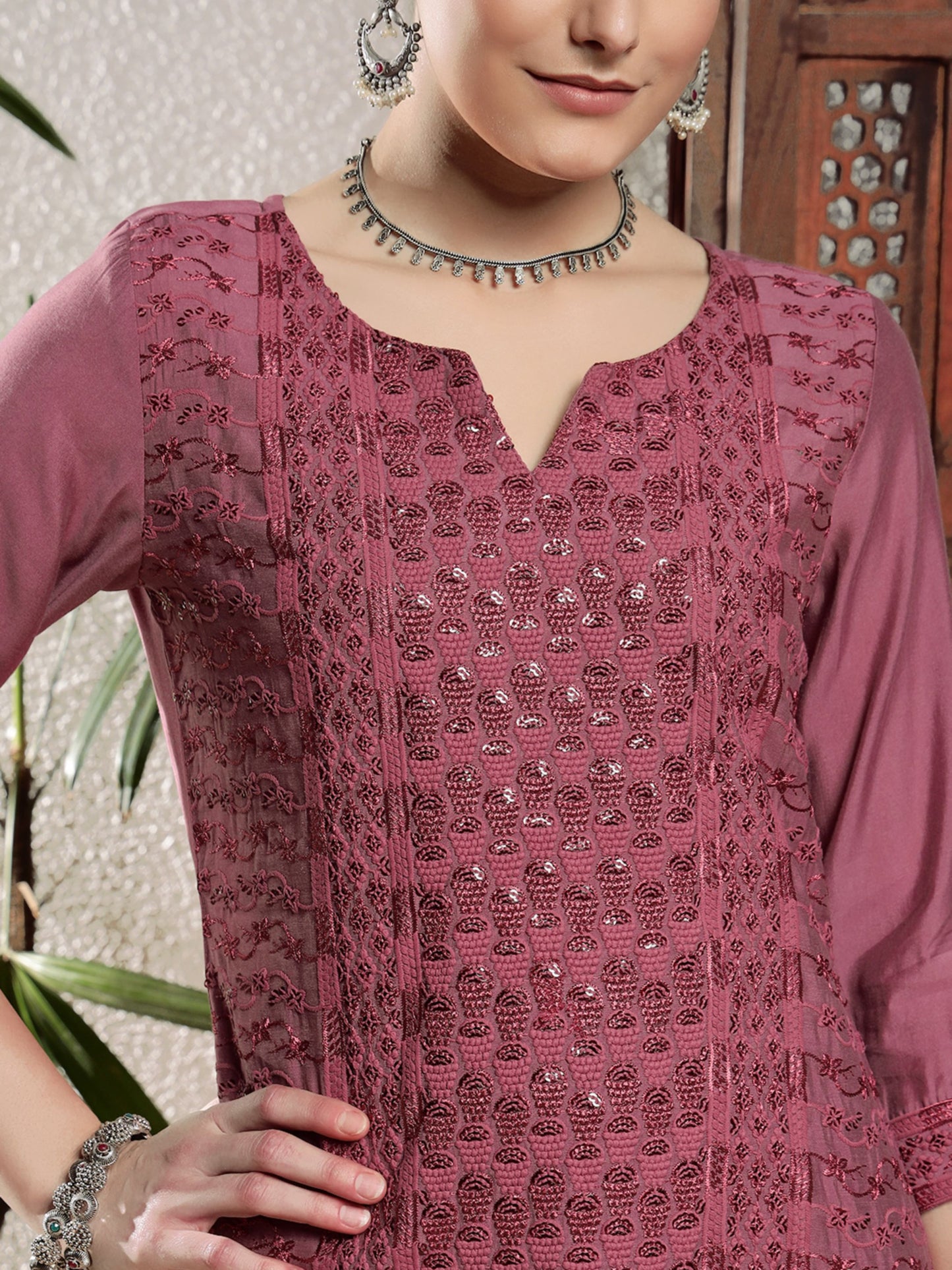 Rouge Pink Embroidered Silk Women's Kurta, Pyjama & Dupatta Set