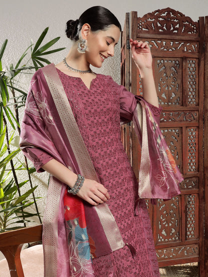 Rouge Pink Embroidered Silk Women's Kurta, Pyjama & Dupatta Set