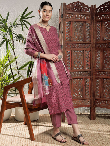 Rouge Pink Embroidered Silk Women's Kurta, Pyjama & Dupatta Set