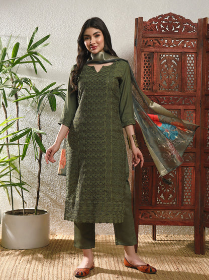 Mehendi Green Embroidered Silk Women's Kurta, Pyjama & Dupatta Set