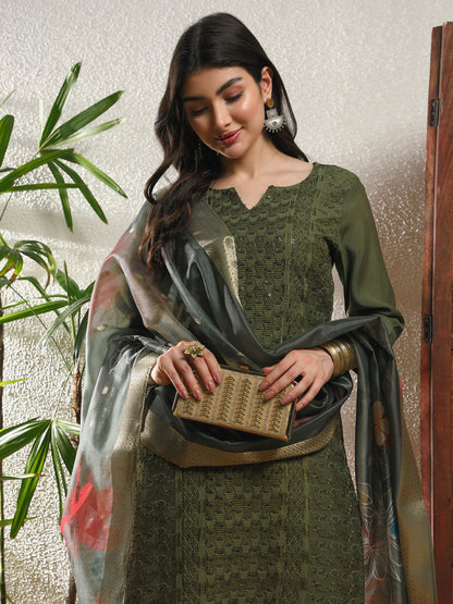 Mehendi Green Embroidered Silk Women's Kurta, Pyjama & Dupatta Set