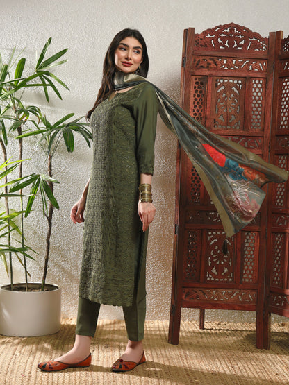 Mehendi Green Embroidered Silk Women's Kurta, Pyjama & Dupatta Set