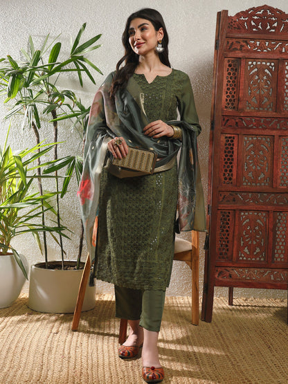Mehendi Green Embroidered Silk Women's Kurta, Pyjama & Dupatta Set