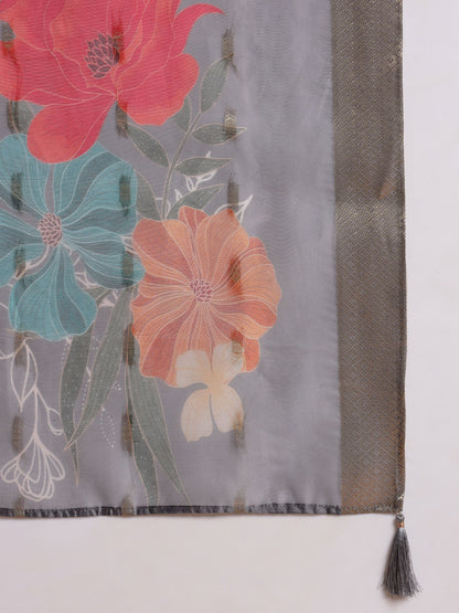 Fossil Grey Embroidered Silk Women's Kurta, Pyjama & Dupatta Set