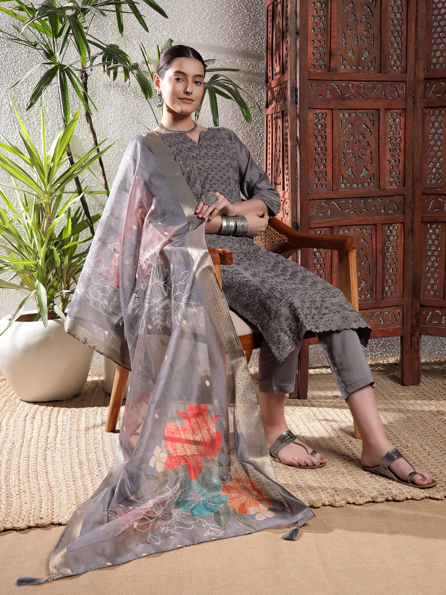 Fossil Grey Embroidered Silk Women's Kurta, Pyjama & Dupatta Set