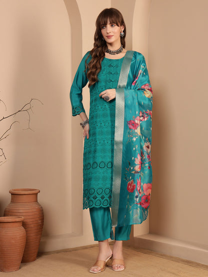 Dark Cyan Embroidered Viscose Women's Kurta, Pyjama & Dupatta Set