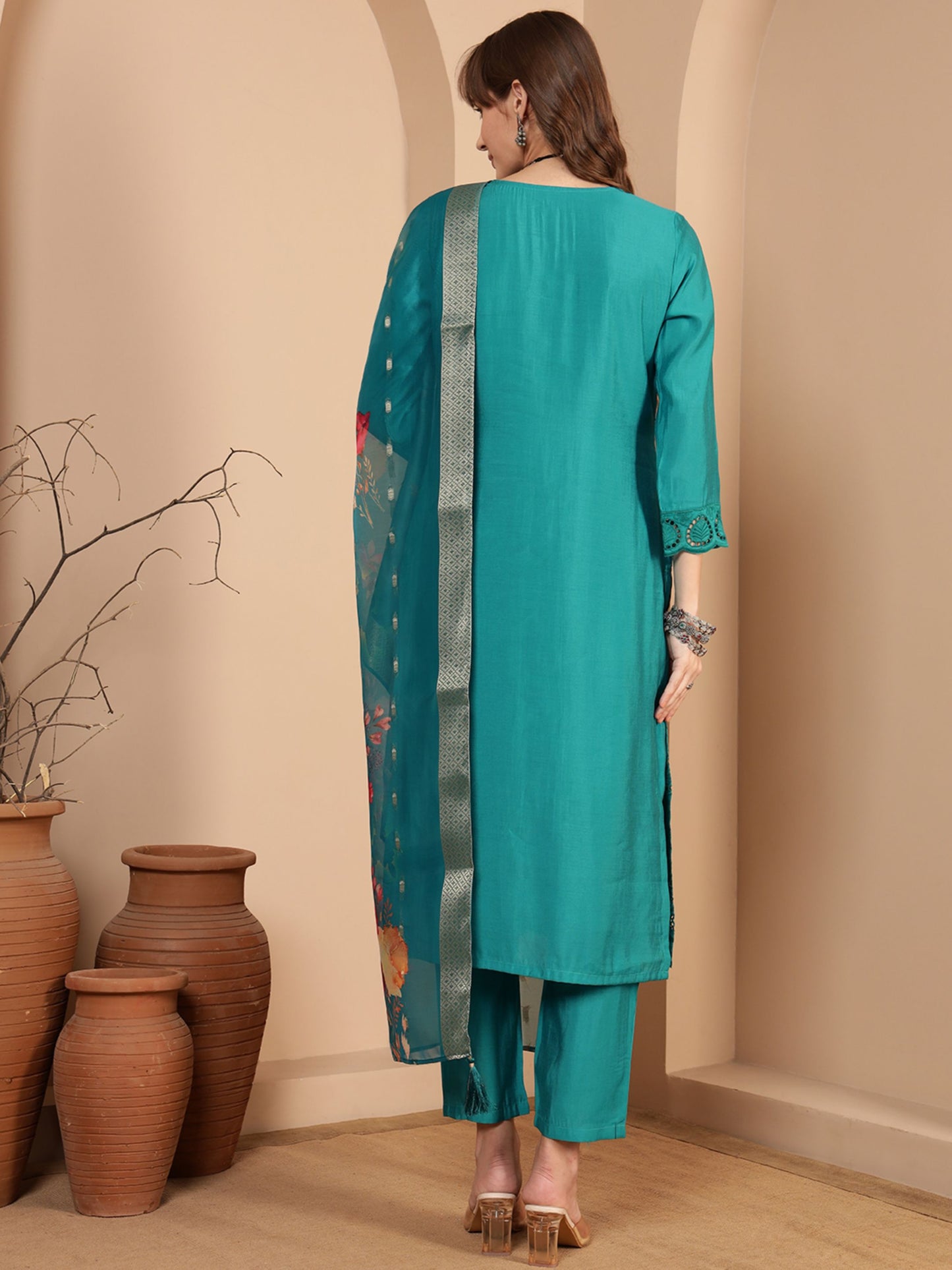 Dark Cyan Embroidered Viscose Women's Kurta, Pyjama & Dupatta Set