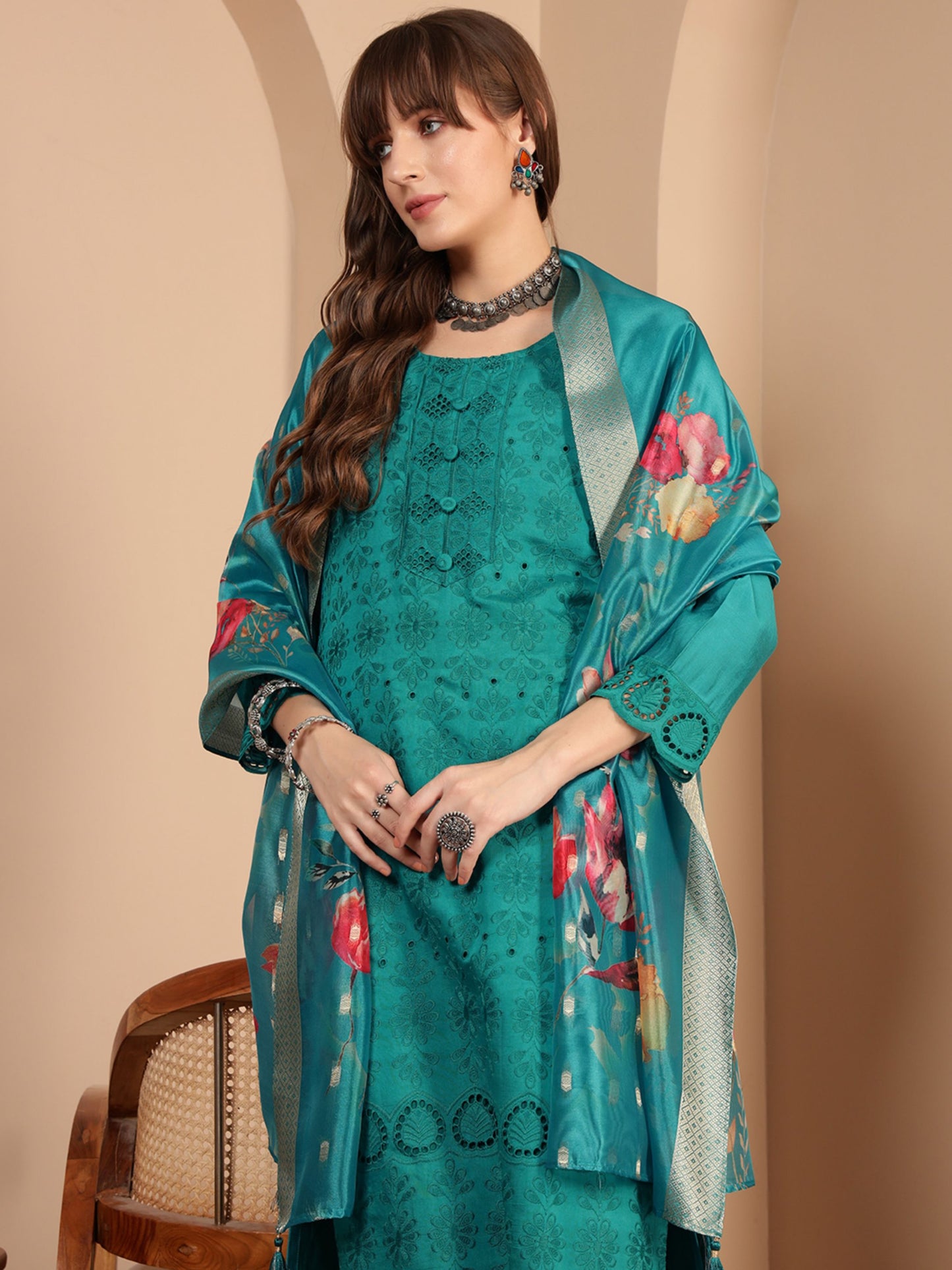Dark Cyan Embroidered Viscose Women's Kurta, Pyjama & Dupatta Set