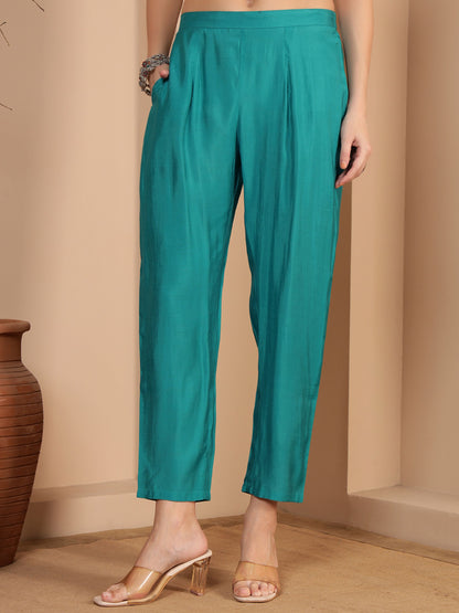 Dark Cyan Embroidered Viscose Women's Kurta, Pyjama & Dupatta Set