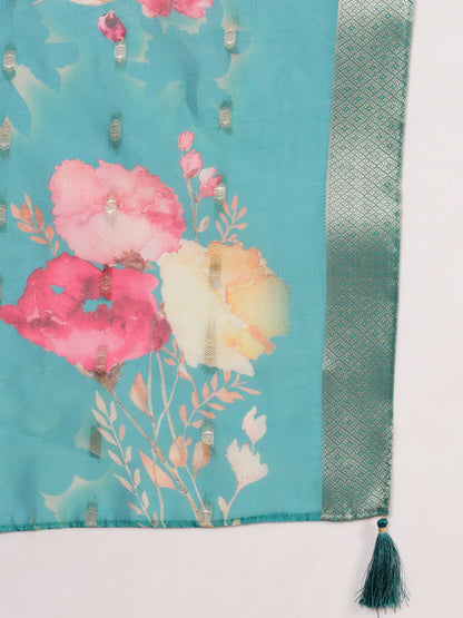 Dark Cyan Embroidered Viscose Women's Kurta, Pyjama & Dupatta Set