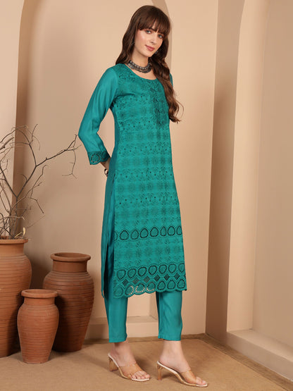 Dark Cyan Embroidered Viscose Women's Kurta, Pyjama & Dupatta Set