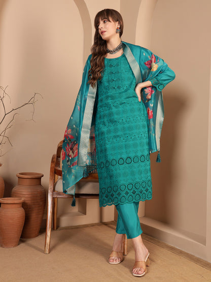 Dark Cyan Embroidered Viscose Women's Kurta, Pyjama & Dupatta Set