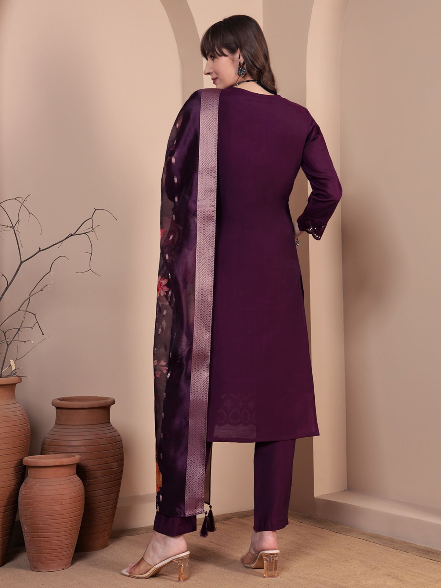 Wine Embroidered Viscose Women's Kurta, Pyjama & Dupatta Set