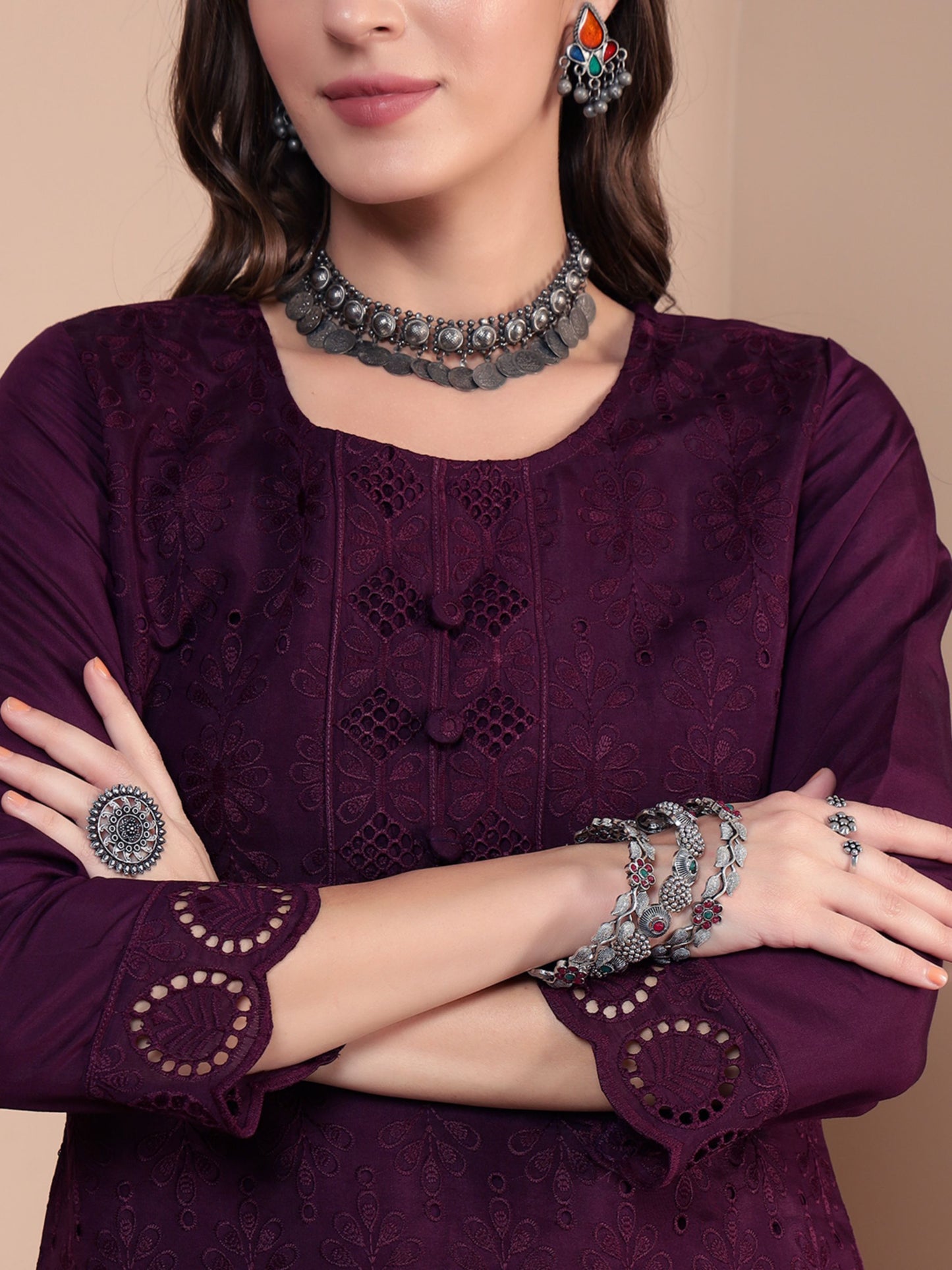 Wine Embroidered Viscose Women's Kurta, Pyjama & Dupatta Set