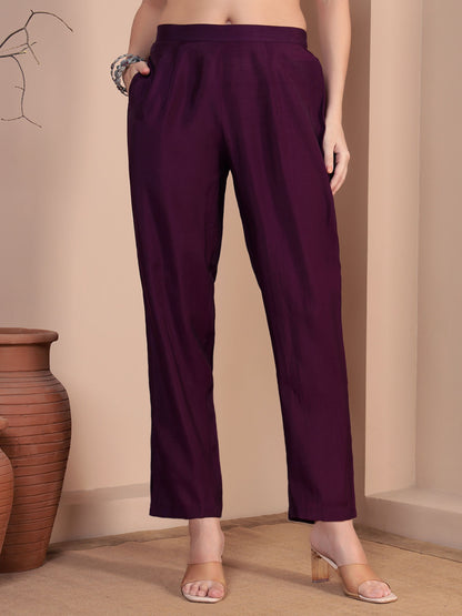 Wine Embroidered Viscose Women's Kurta, Pyjama & Dupatta Set