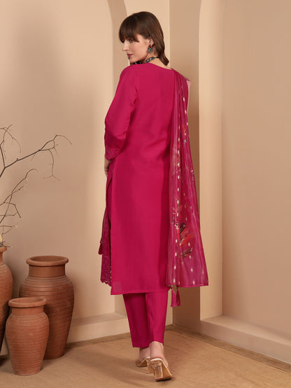 Dark Pink Embroidered Viscose Women's Kurta, Pyjama & Dupatta Set