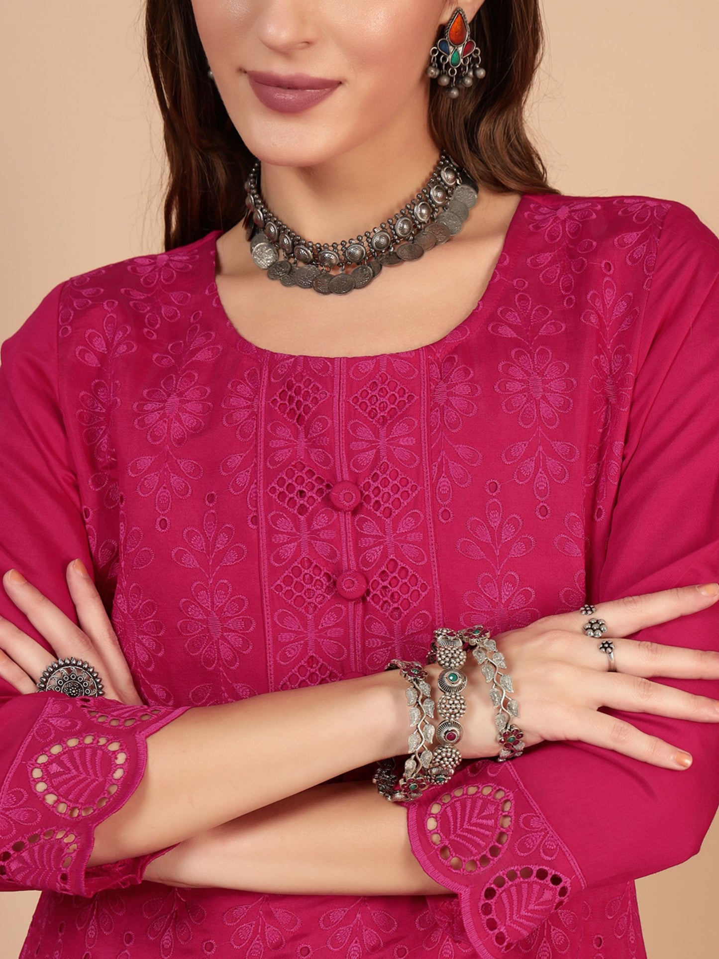 Dark Pink Embroidered Viscose Women's Kurta, Pyjama & Dupatta Set