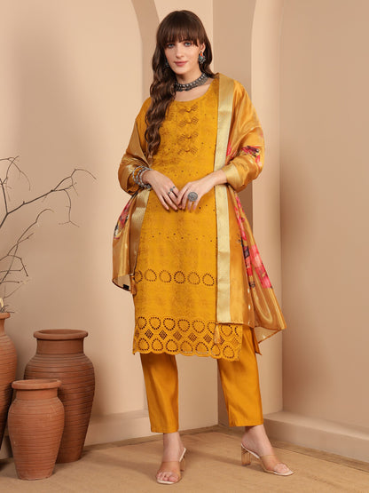 Gold Yellow Embroidered Viscose Women's Kurta, Pyjama & Dupatta Set