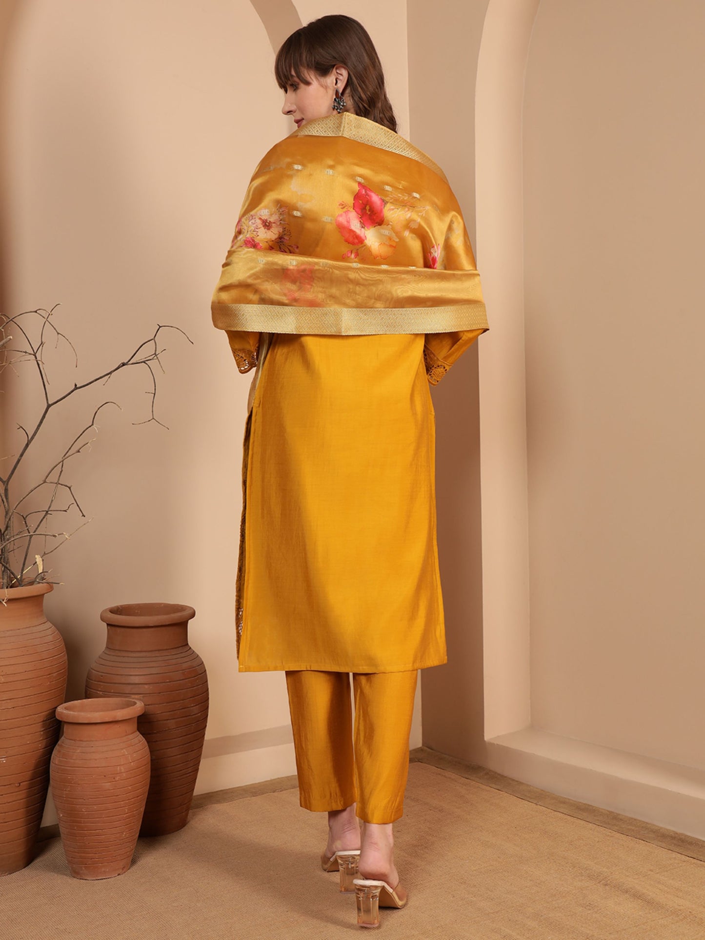 Gold Yellow Embroidered Viscose Women's Kurta, Pyjama & Dupatta Set