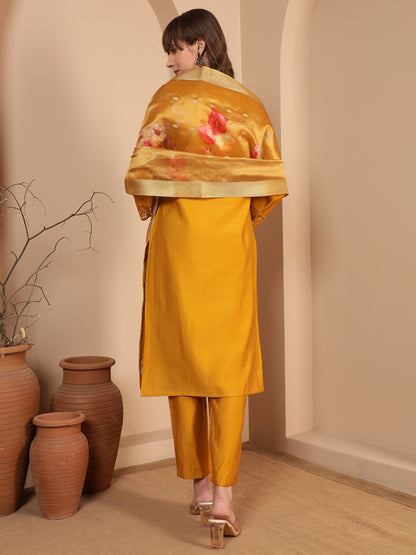 Gold Yellow Embroidered Viscose Women's Kurta, Pyjama & Dupatta Set