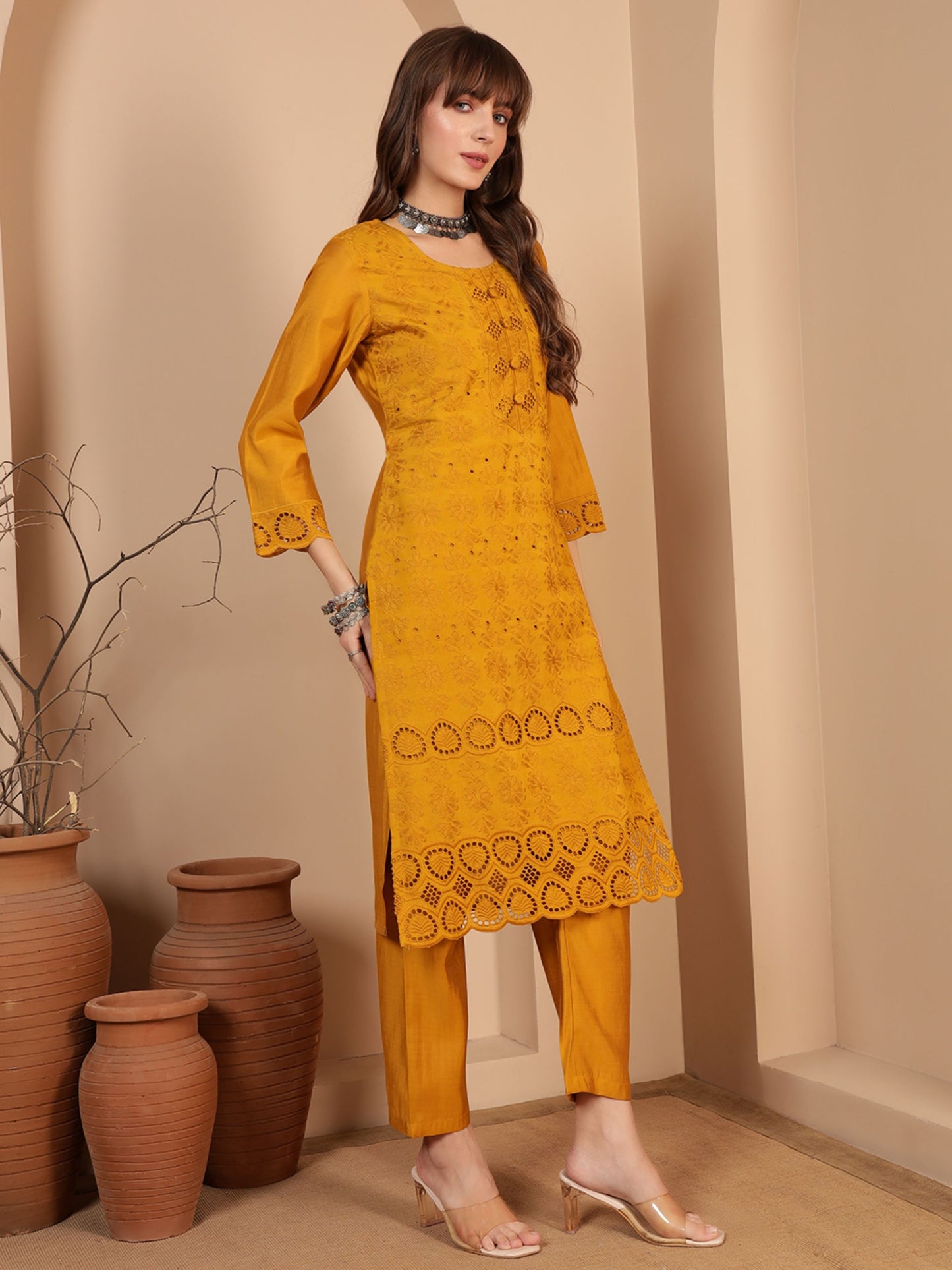 Gold Yellow Embroidered Viscose Women's Kurta, Pyjama & Dupatta Set