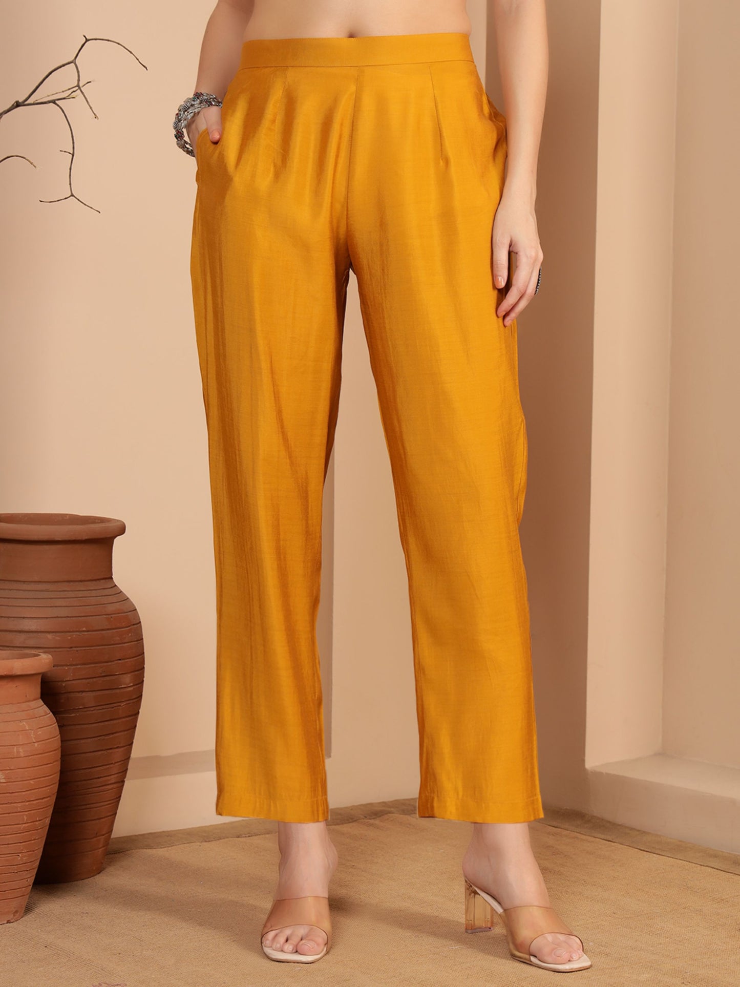 Gold Yellow Embroidered Viscose Women's Kurta, Pyjama & Dupatta Set