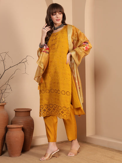 Gold Yellow Embroidered Viscose Women's Kurta, Pyjama & Dupatta Set