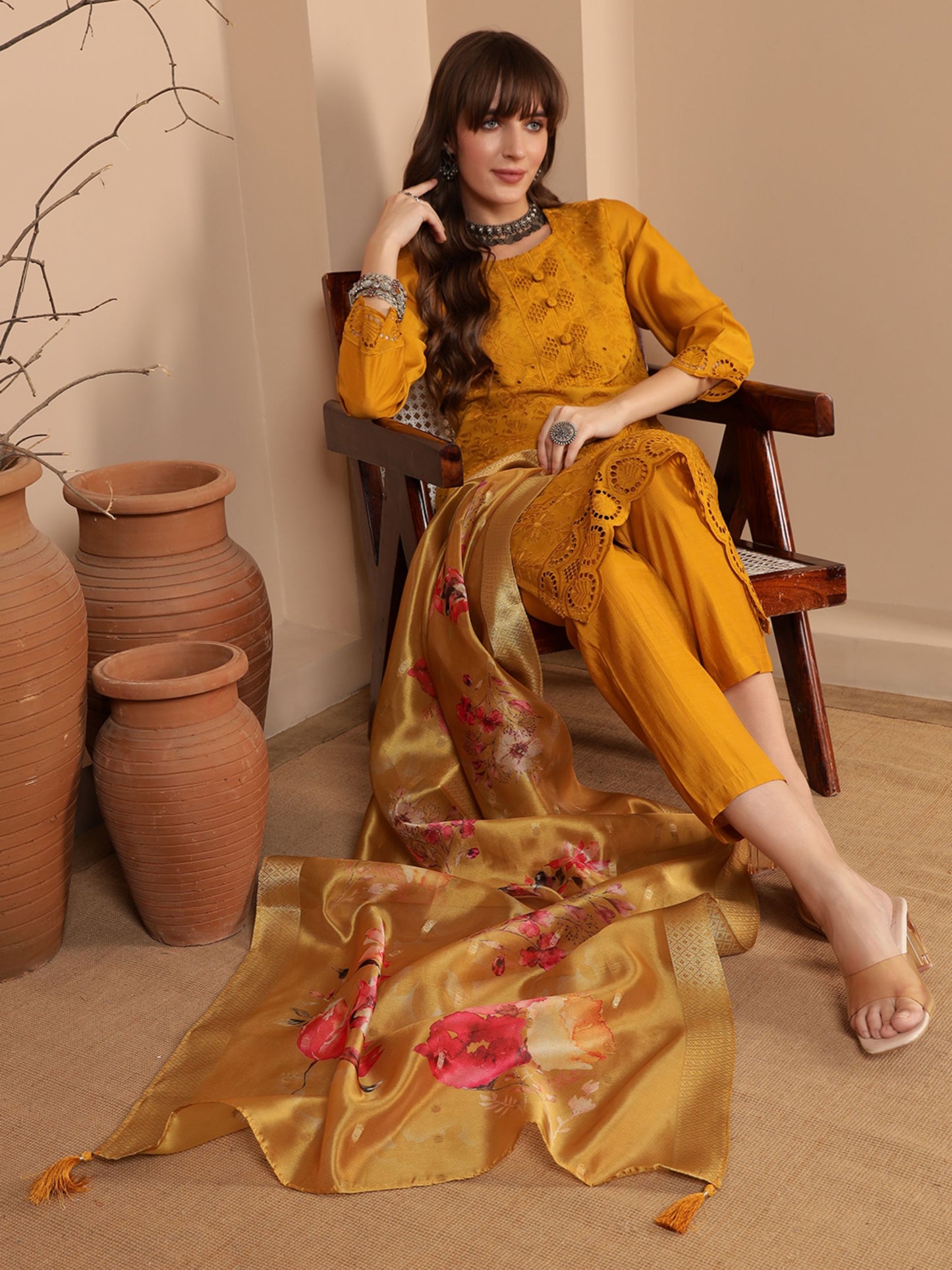 Gold Yellow Embroidered Viscose Women's Kurta, Pyjama & Dupatta Set