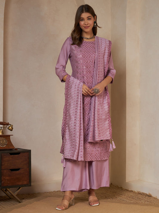 Pale Pink Embroidered Silk Women's Kurta,Palazzo and Dupatta Set