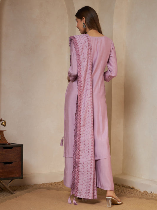 Pale Pink Embroidered Silk Women's Kurta,Palazzo and Dupatta Set