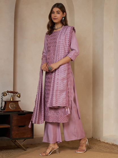 Olive Green Embroidered Silk Women's Kurta,Palazzo and Dupatta Set