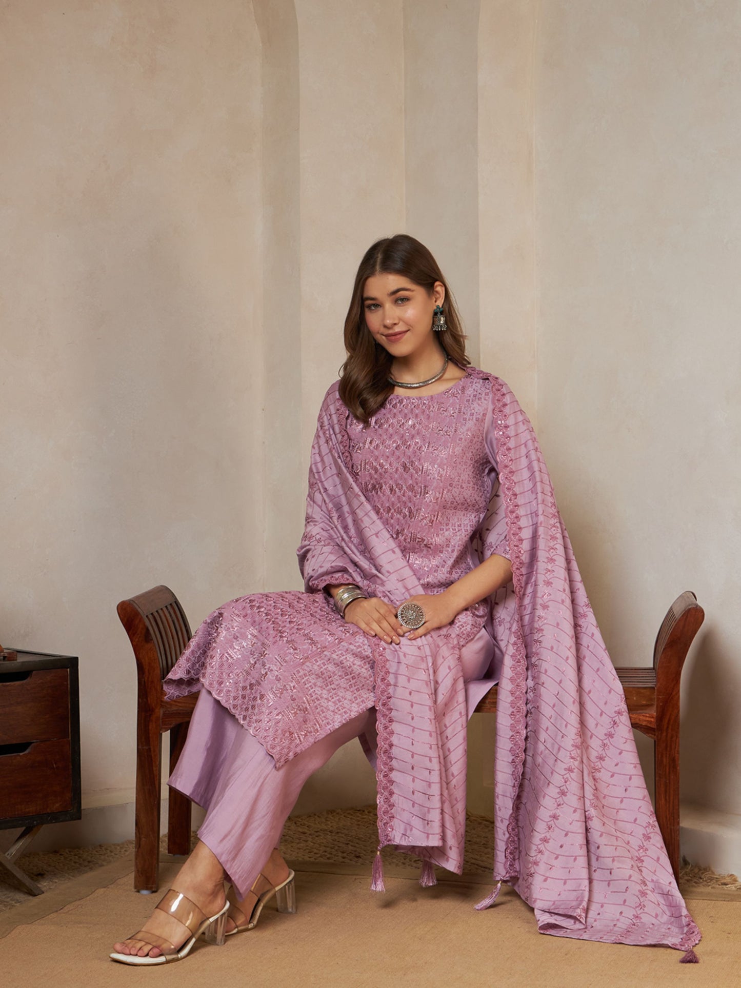 Olive Green Embroidered Silk Women's Kurta,Palazzo and Dupatta Set