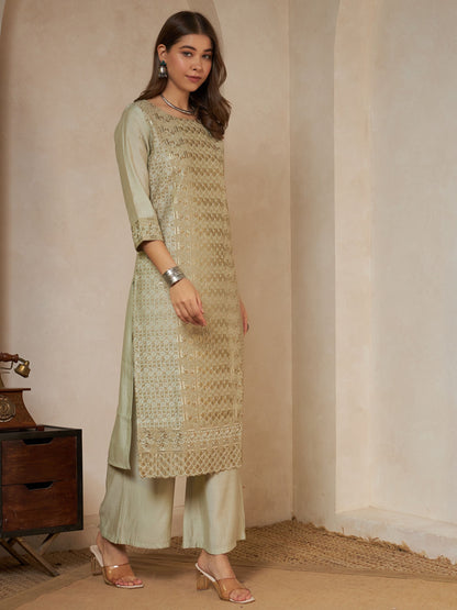 Olive Green Embroidered Silk Women's Kurta,Palazzo and Dupatta Set