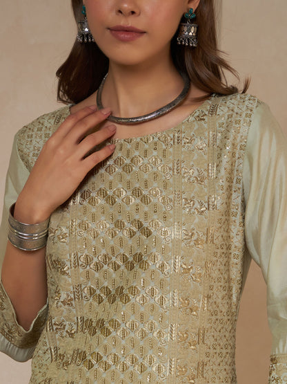 Olive Green Embroidered Silk Women's Kurta,Palazzo and Dupatta Set