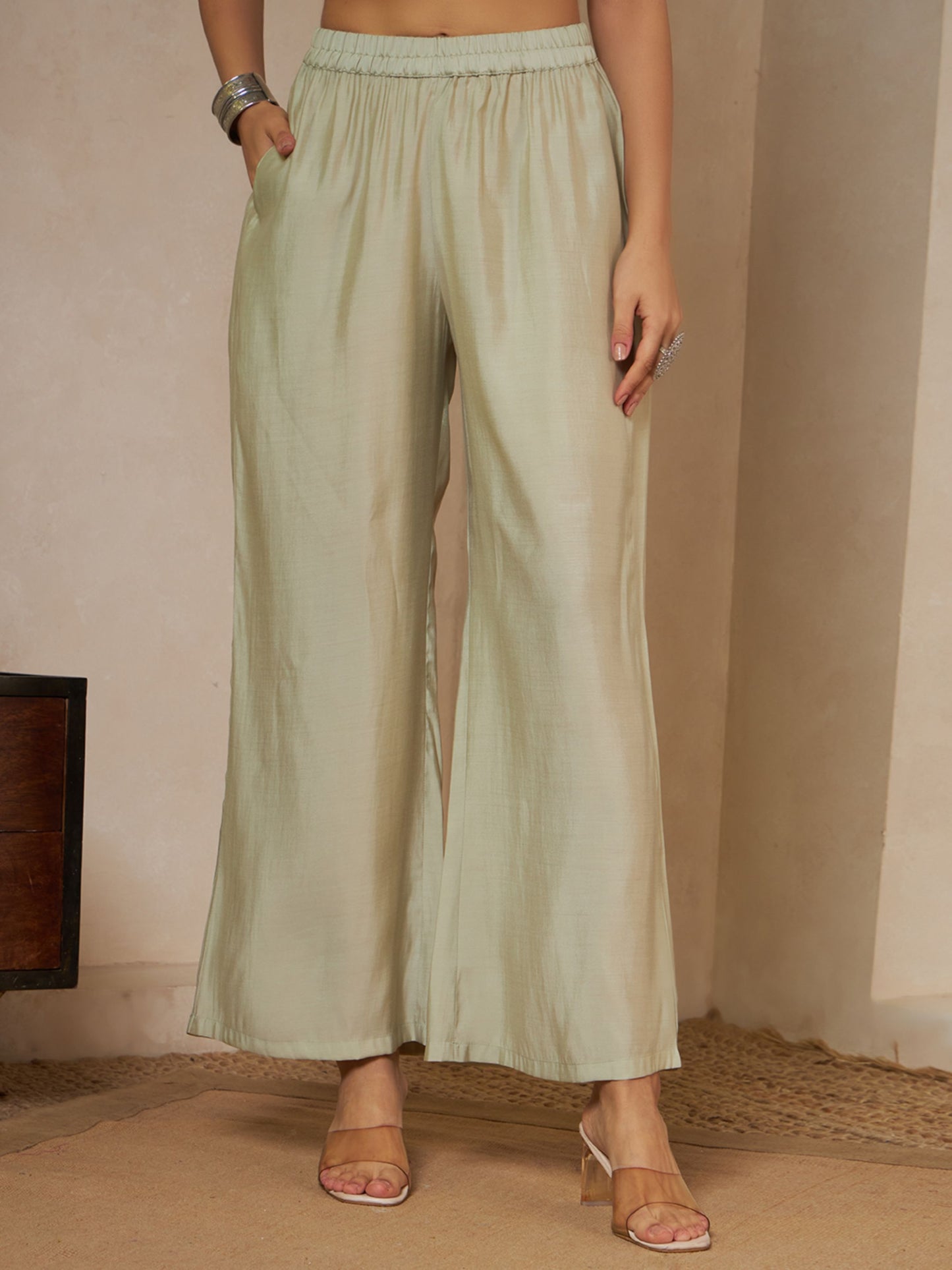 Olive Green Embroidered Silk Women's Kurta,Palazzo and Dupatta Set