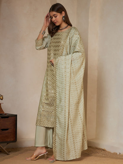 Olive Green Embroidered Silk Women's Kurta,Palazzo and Dupatta Set