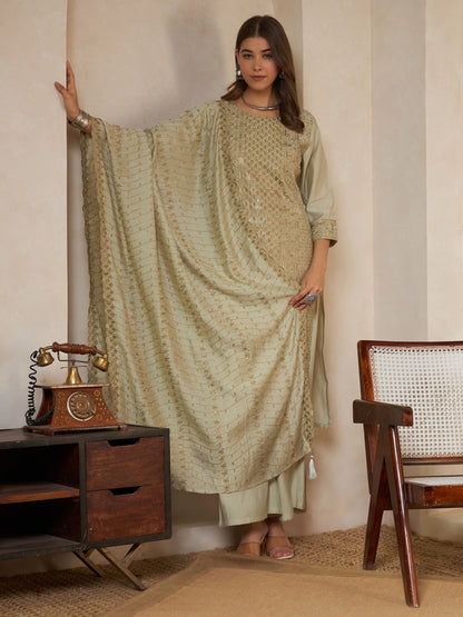 Olive Green Embroidered Silk Women's Kurta,Palazzo and Dupatta Set