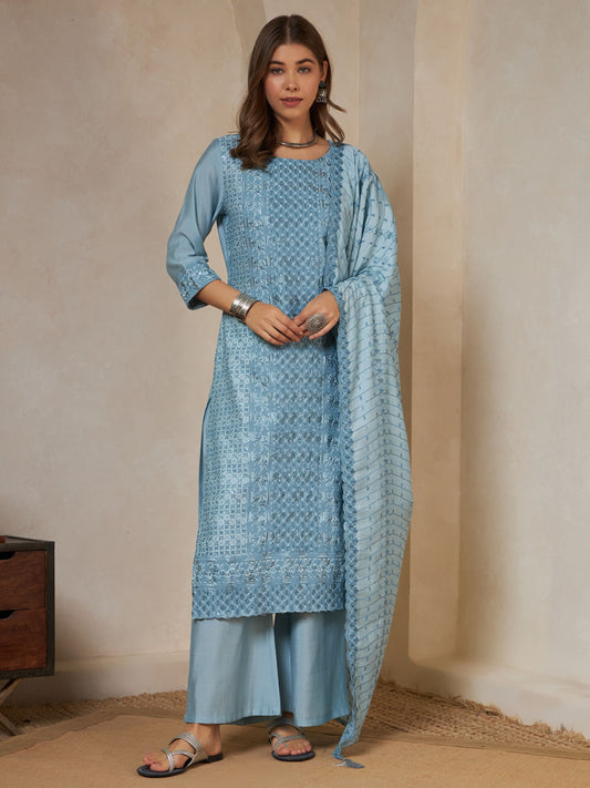 Sky Blue Embroidered Silk Women's Kurta,Palazzo and Dupatta Set