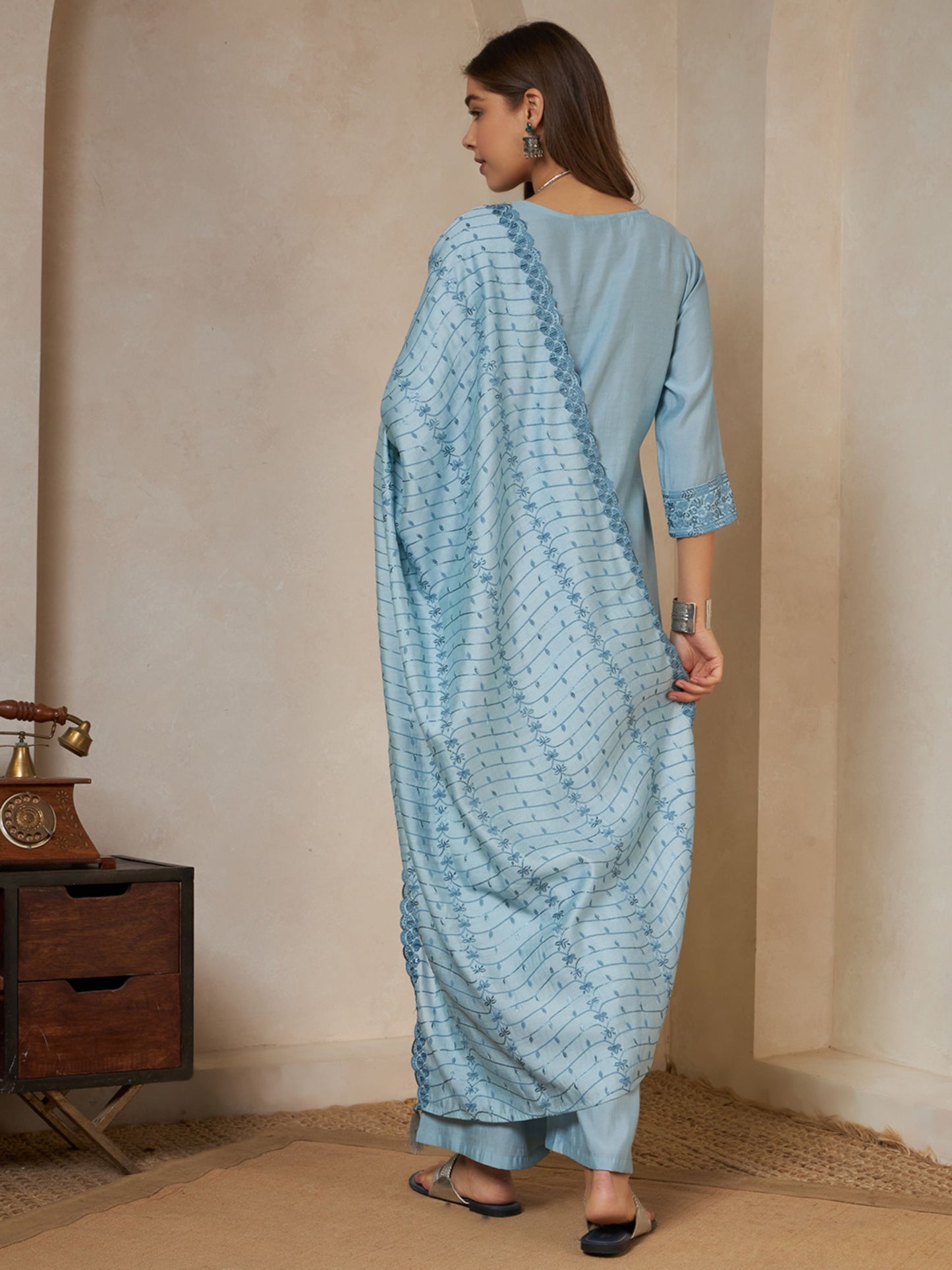 Olive Green Embroidered Silk Women's Kurta,Palazzo and Dupatta Set