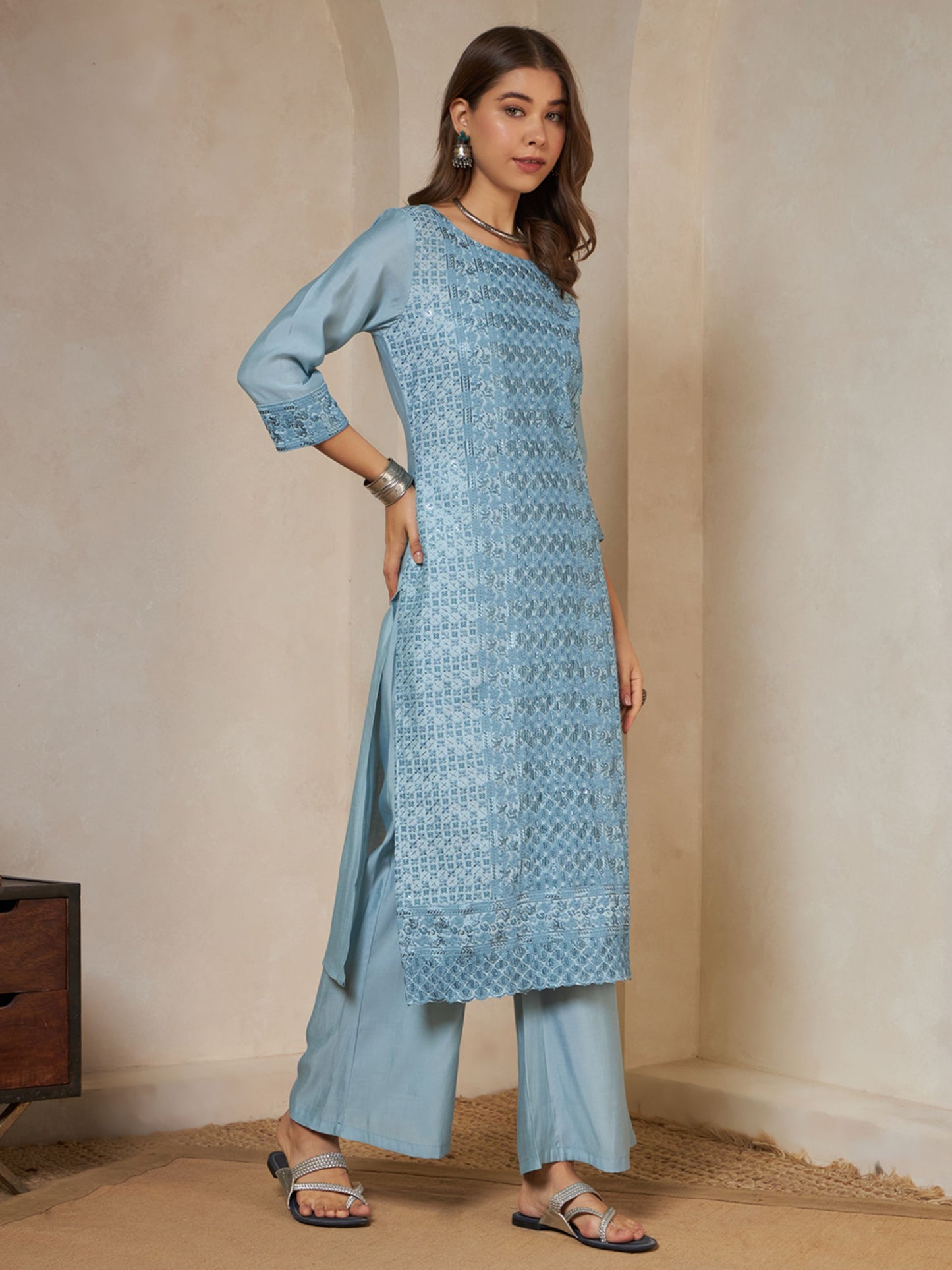 Olive Green Embroidered Silk Women's Kurta,Palazzo and Dupatta Set