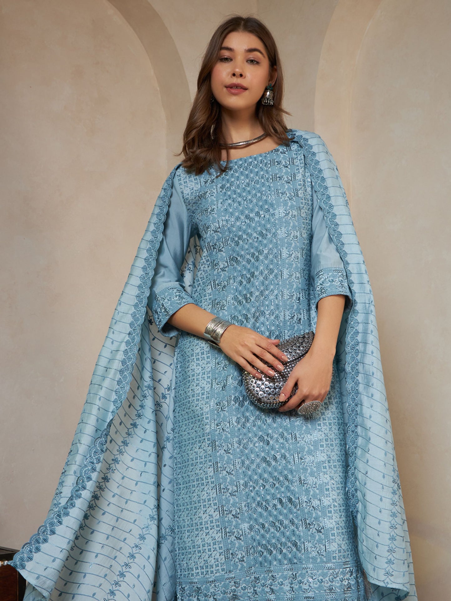 Olive Green Embroidered Silk Women's Kurta,Palazzo and Dupatta Set