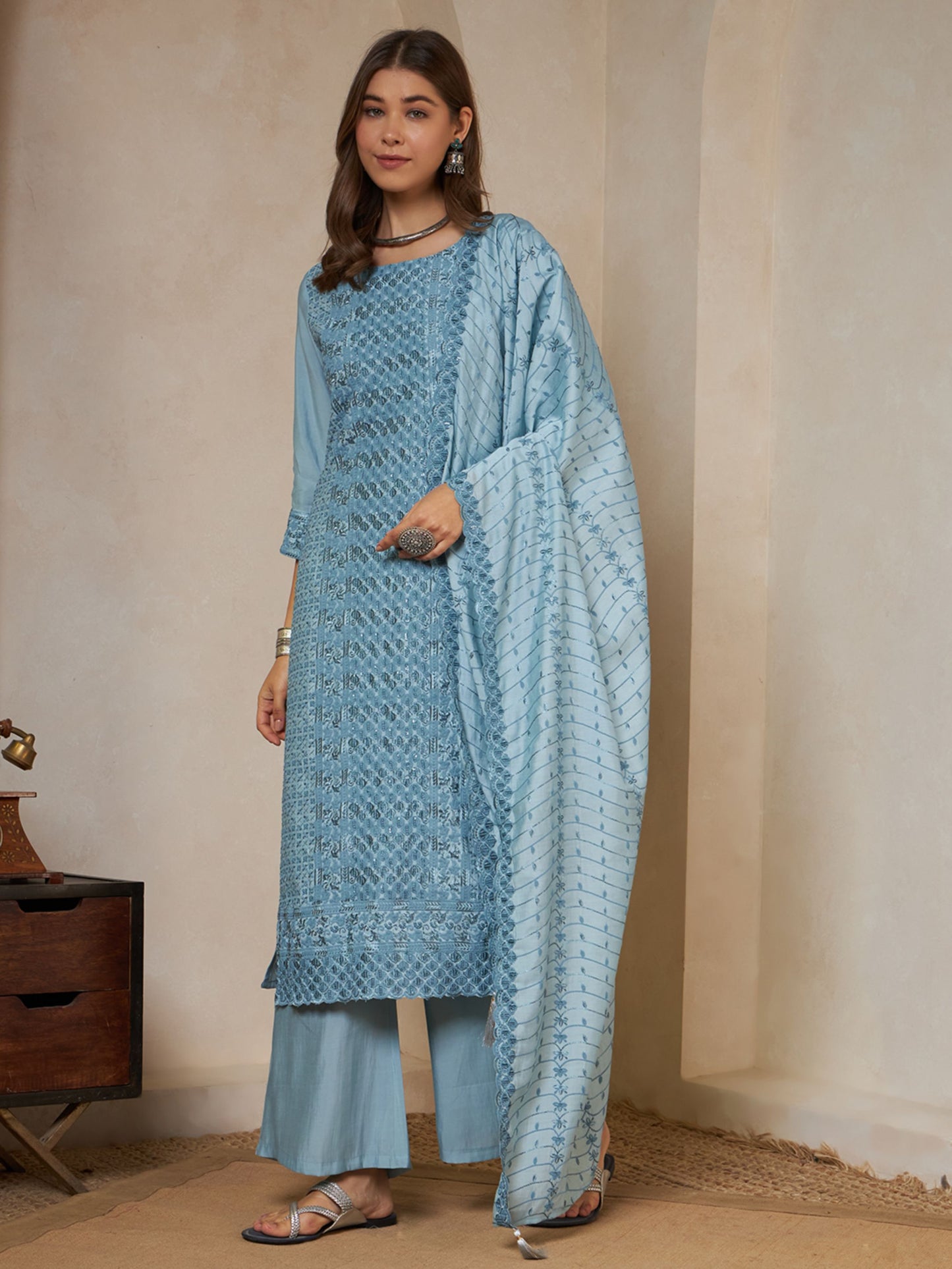 Olive Green Embroidered Silk Women's Kurta,Palazzo and Dupatta Set