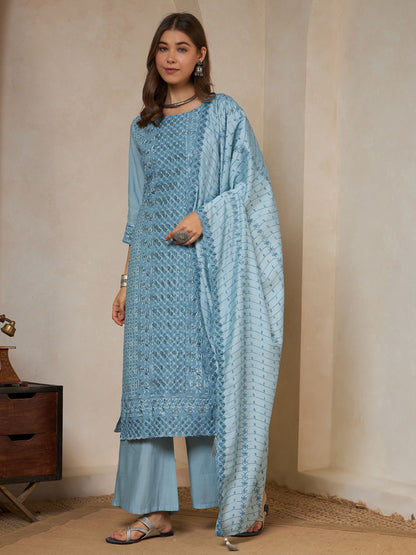 Olive Green Embroidered Silk Women's Kurta,Palazzo and Dupatta Set