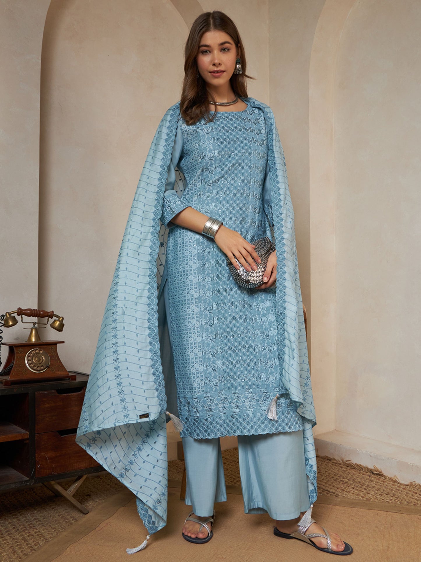 Olive Green Embroidered Silk Women's Kurta,Palazzo and Dupatta Set