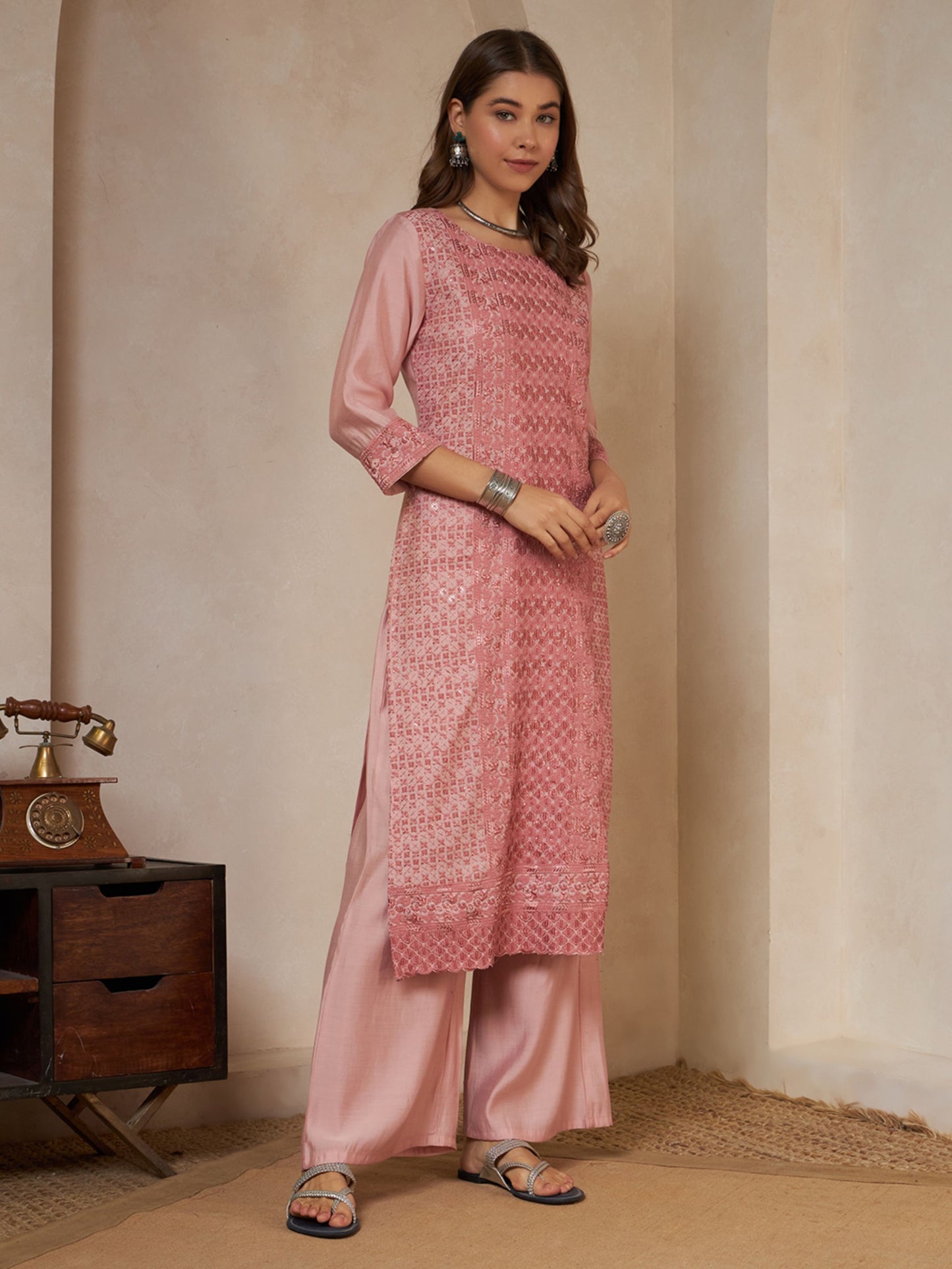 Olive Green Embroidered Silk Women's Kurta,Palazzo and Dupatta Set